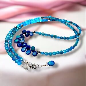 Natural Apatite and Black Opal Wrap Bracelet, Necklace Solid 14k White Gold